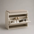 Scarpiera con panca, anta a ribalta e cuscino beige, MDF bianco, 80 × 30 × 80 cm