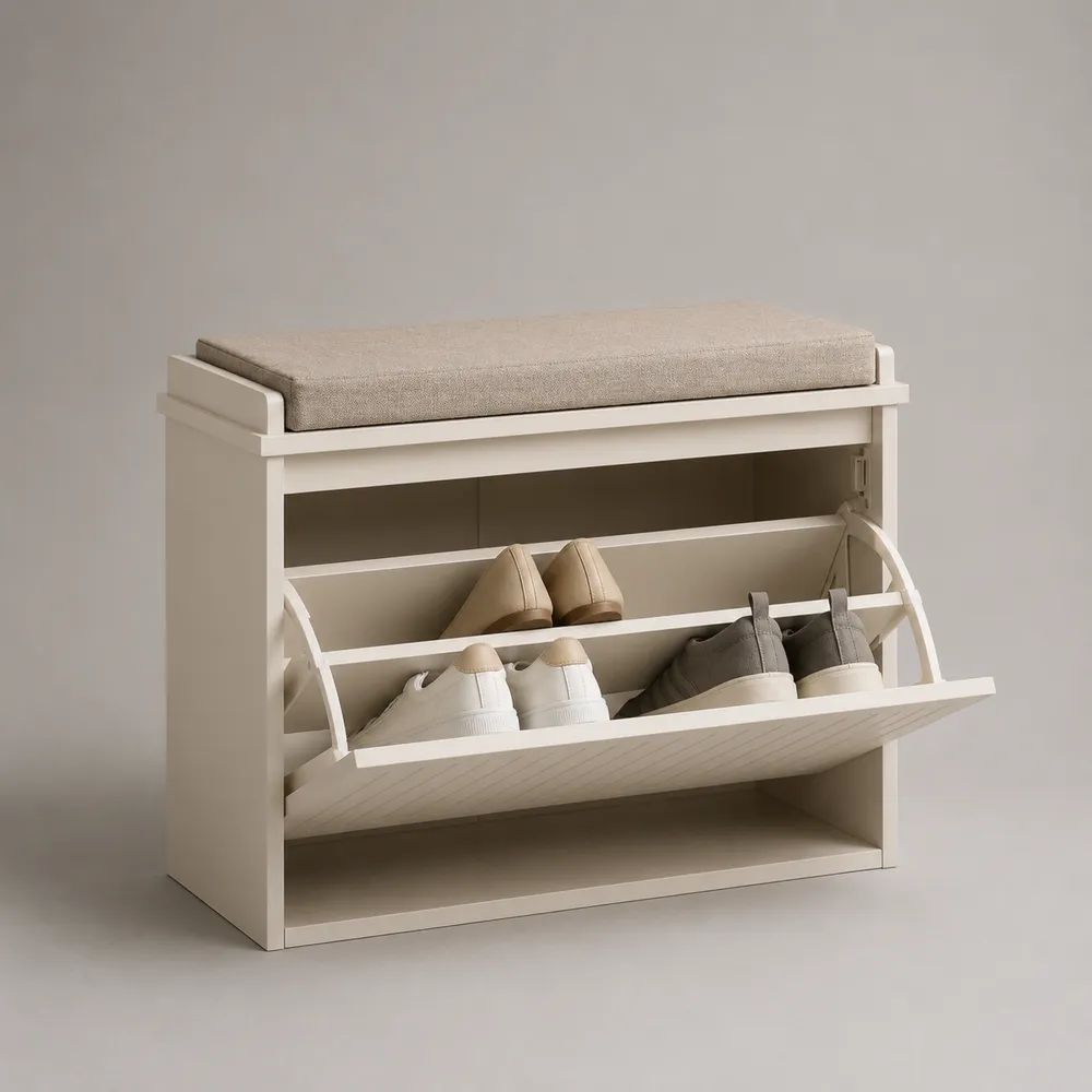 Scarpiera con panca, anta a ribalta e cuscino beige, MDF bianco, 80 × 30 × 80 cm