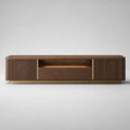 Mobile TV basso rettangolare in MDF impiallacciato noce con 2 ante scanalate, cassetto e vano aperto, 180 × 40 × 55 cm, marrone noce e oro