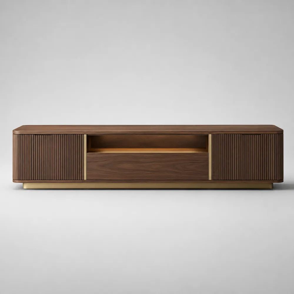 Mobile TV basso rettangolare in MDF impiallacciato noce con 2 ante scanalate, cassetto e vano aperto, 180 × 40 × 55 cm, marrone noce e oro