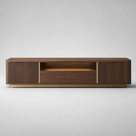 Mobile TV basso rettangolare in MDF impiallacciato noce con 2 ante scanalate, cassetto e vano aperto, 180 × 40 × 55 cm, marrone noce e oro