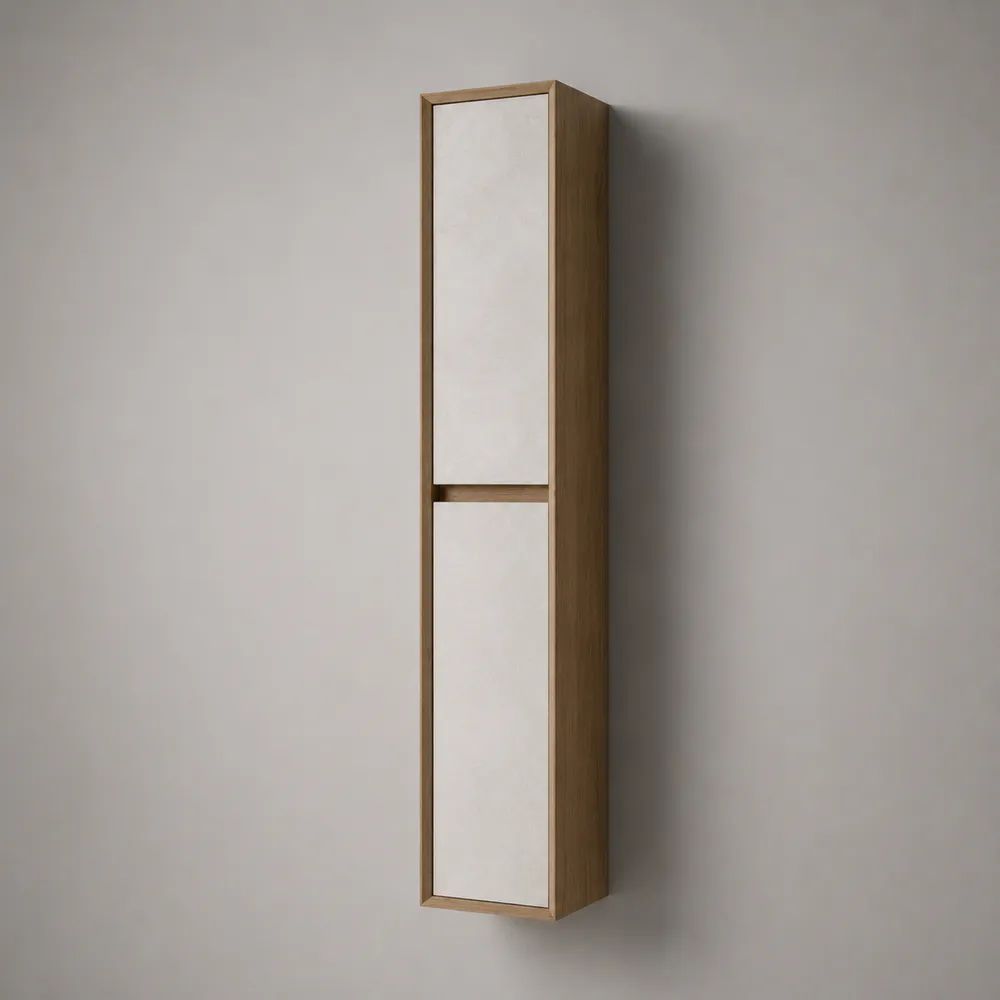 Colonna bagno sospesa a 2 ante in MDF e pannello truciolare, rovere naturale e bianco opaco, 30 x 25 x 120 cm
