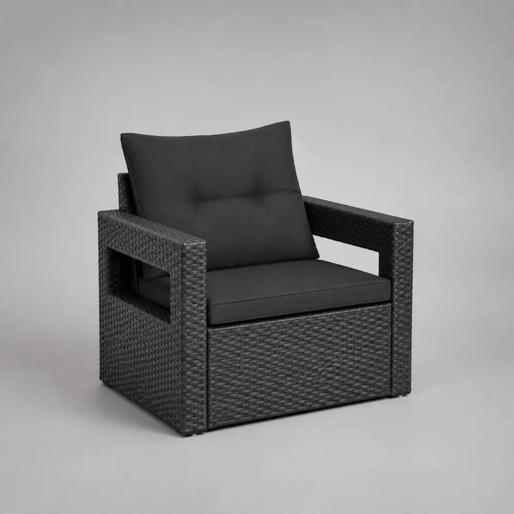 Poltrona da giardino in rattan PE grigio antracite con cuscini neri, 75 x 75 x 80 cm