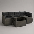 Set da giardino 4 pezzi in polyrattan PE grigio e nero con divano angolare, tavolo, panca, sgabello e cuscini, 243 x 205 x 73 cm