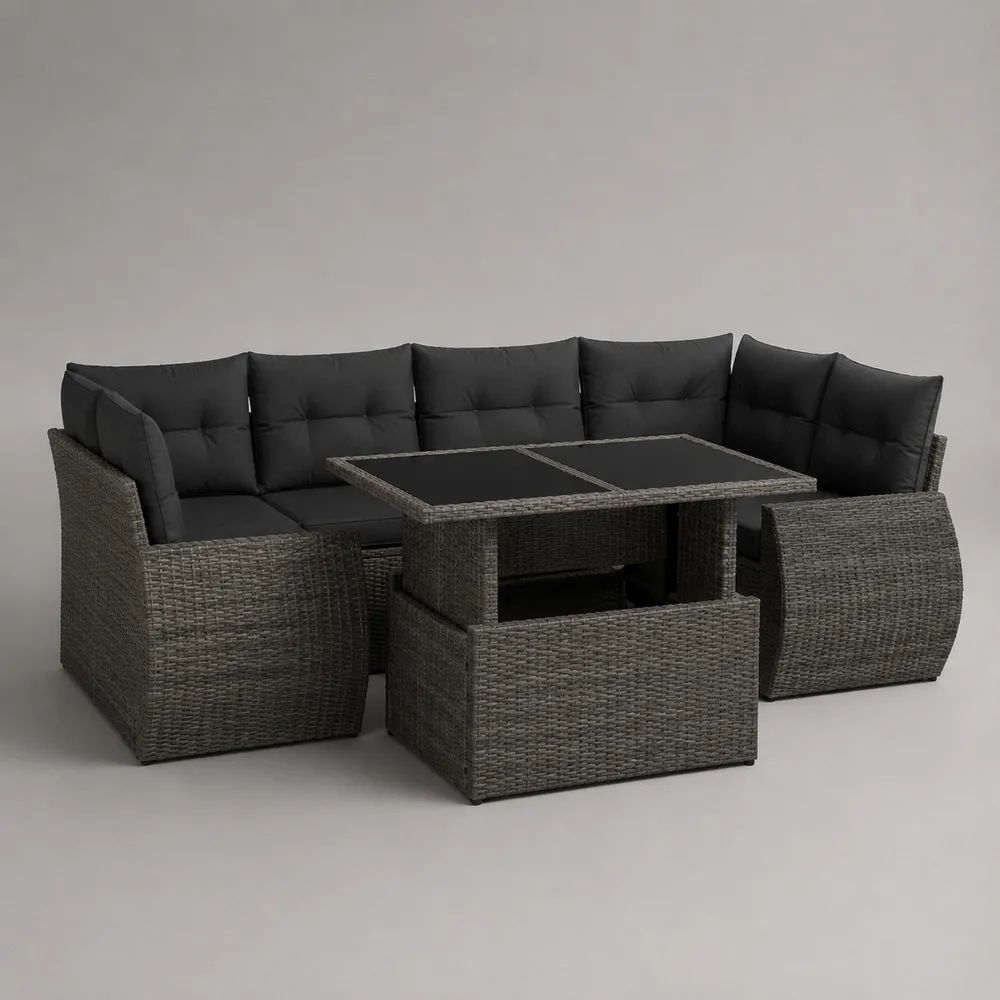 Set da giardino 4 pezzi in polyrattan PE grigio e nero con divano angolare, tavolo, panca, sgabello e cuscini, 243 x 205 x 73 cm