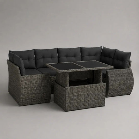 Set da giardino 4 pezzi in polyrattan PE grigio e nero con divano angolare, tavolo, panca, sgabello e cuscini, 243 x 205 x 73 cm