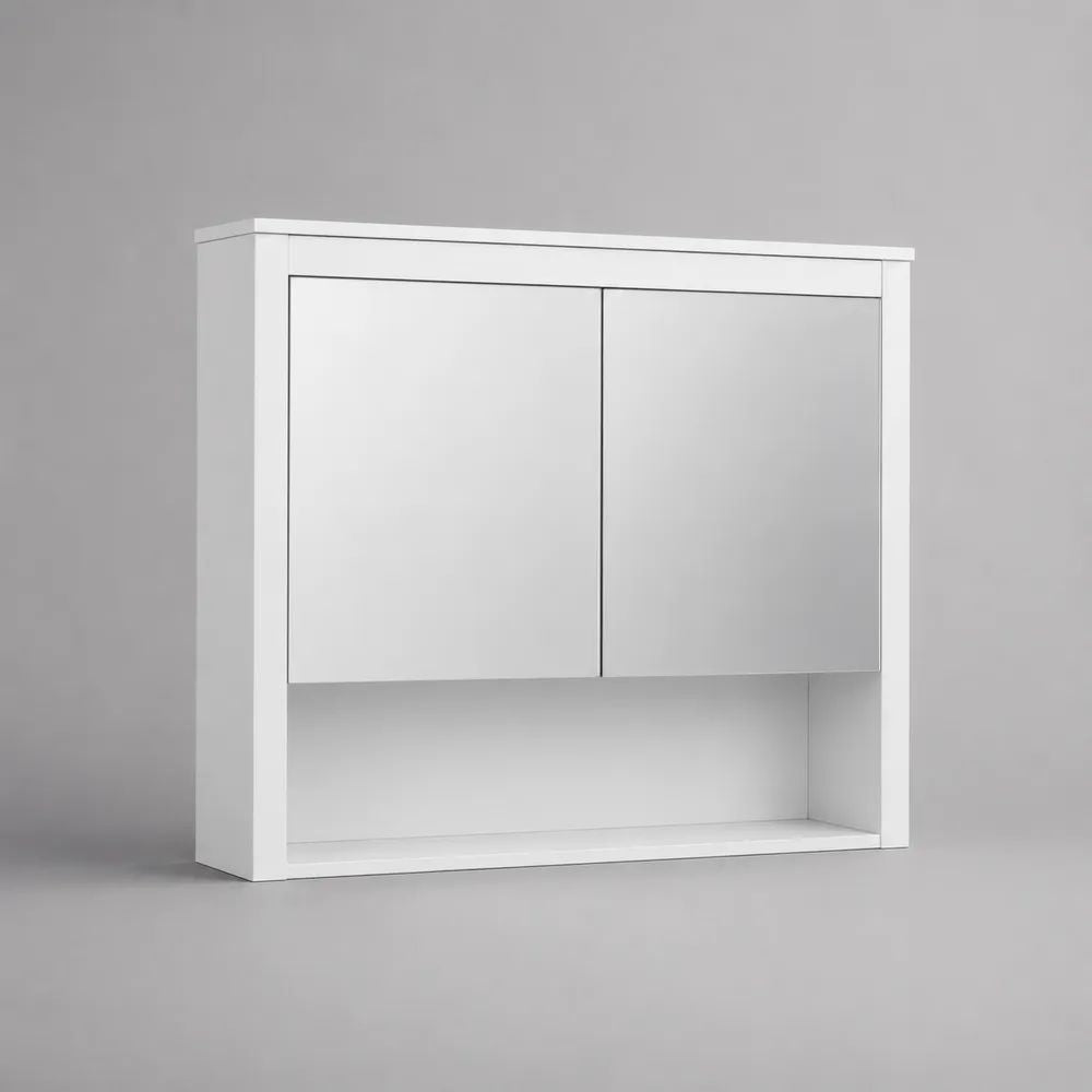 Pensile bagno rettangolare in MDF melaminico bianco con specchio, 2 ante e vano aperto, 60 × 15 × 60 cm