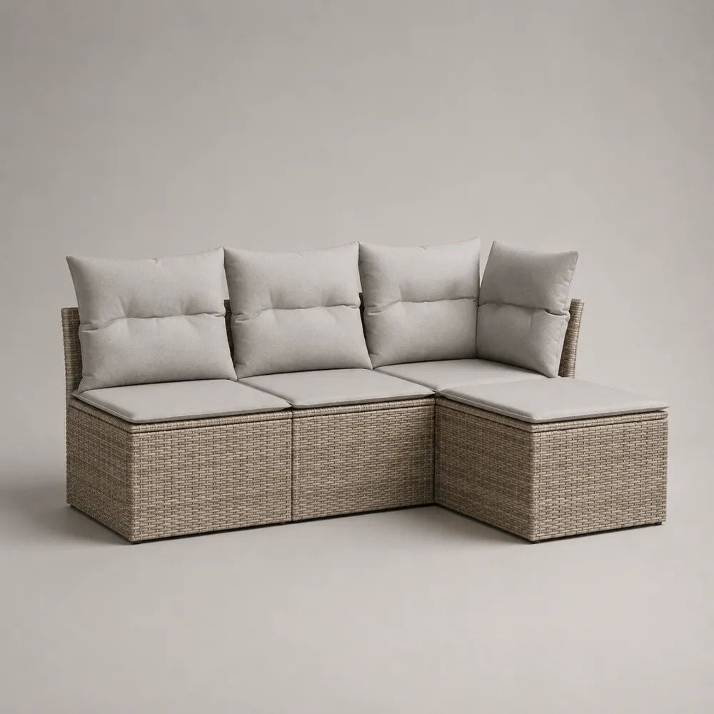 Divano modulare da giardino a L in 3 pezzi, rattan PE beige e cuscini grigio chiaro, 205 × 135 × 80 cm