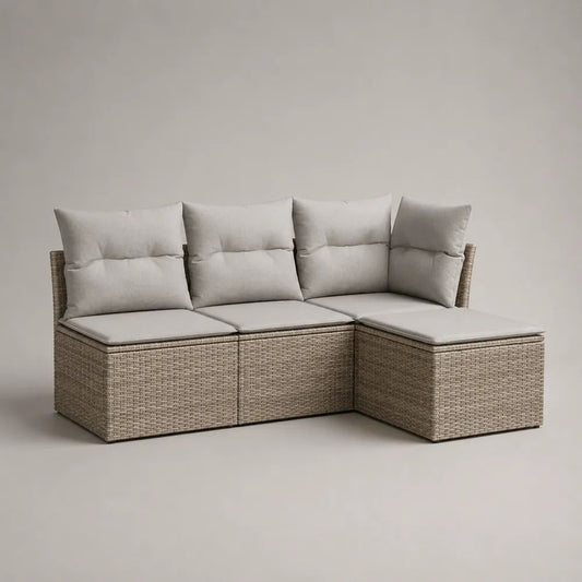 Divano modulare da giardino a L in 3 pezzi, rattan PE beige e cuscini grigio chiaro, 205 × 135 × 80 cm