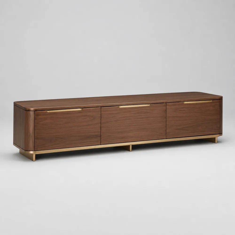 Mobile TV basso rettangolare in legno e metallo, 3 ante, marrone noce e ottone, 180 x 40 x 52 cm