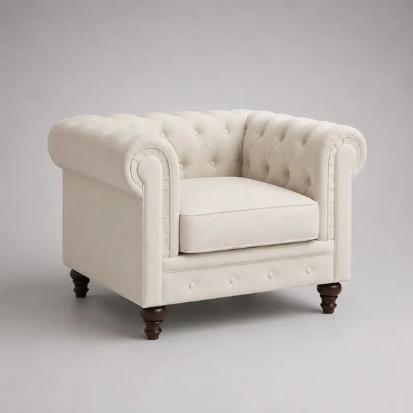 Poltrona Chesterfield monoposto in tessuto avorio con braccioli arrotondati e gambe in legno marrone scuro, 110 × 92 × 75 cm