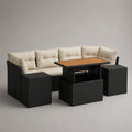 Set salotto da giardino 5 pezzi in polyrattan PE nero con divano angolare, tavolo e 3 pouf, cuscini beige, 248 x 180 x 76 cm