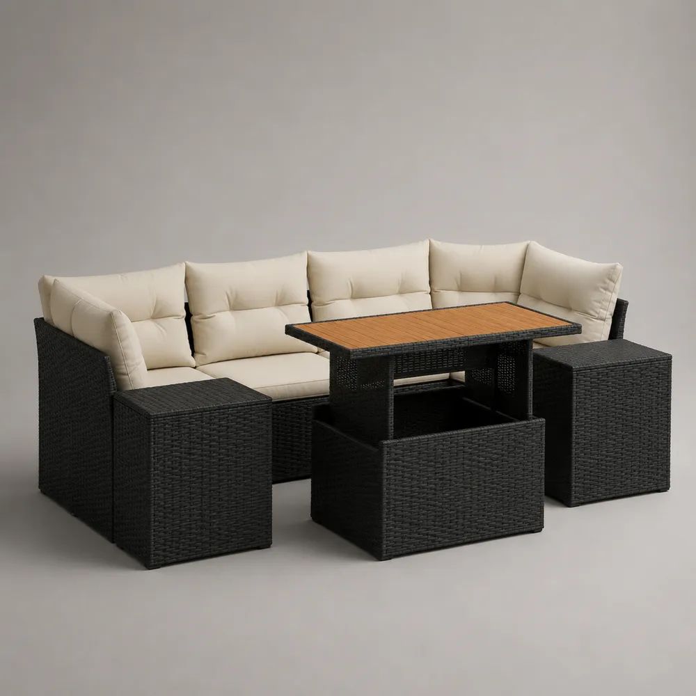 Set salotto da giardino 5 pezzi in polyrattan PE nero con divano angolare, tavolo e 3 pouf, cuscini beige, 248 x 180 x 76 cm