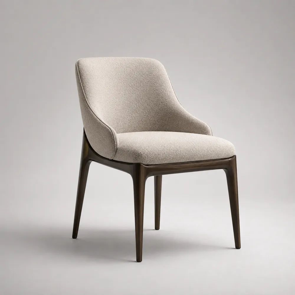 Sedia da pranzo imbottita con braccioli bassi in tessuto e legno, avorio e noce scuro, 58 × 60 × 82 cm