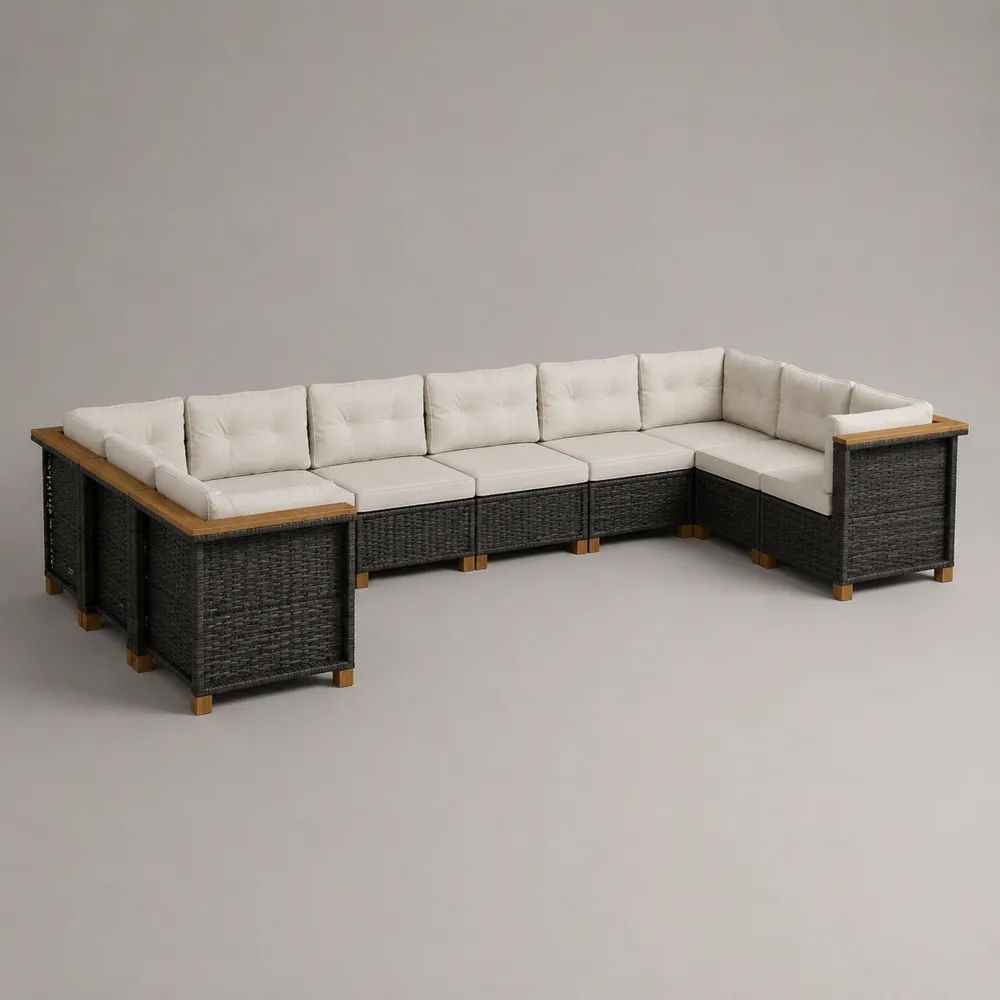 Divano da giardino modulare a U 8 posti in rattan nero con cuscini beige, 340 x 220 x 74 cm