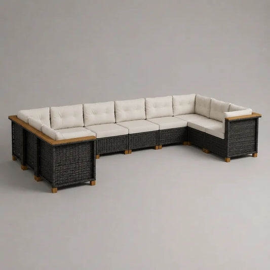 Divano da giardino modulare a U 8 posti in rattan nero con cuscini beige, 340 x 220 x 74 cm