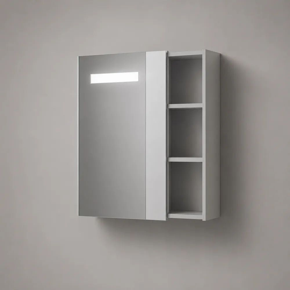 Armadietto da bagno sospeso con specchio, luce LED, anta scorrevole e 3 vani, MDF e vetro, bianco e argento, 60 x 15 x 70 cm