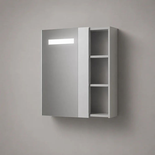 Armadietto da bagno sospeso con specchio, luce LED, anta scorrevole e 3 vani, MDF e vetro, bianco e argento, 60 x 15 x 70 cm