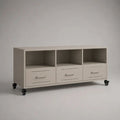 Mobile porta TV basso in acciaio beige con 3 cassetti, 3 vani aperti e ruote, 120 × 40 × 65 cm