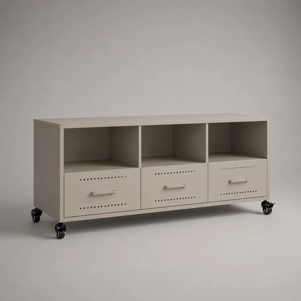 Mobile porta TV basso in acciaio beige con 3 cassetti, 3 vani aperti e ruote, 120 × 40 × 65 cm