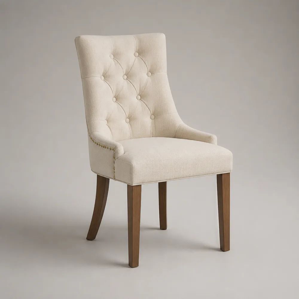 Sedia da pranzo imbottita in tessuto e legno con schienale alto capitonné, avorio, 62 x 65 x 99 cm