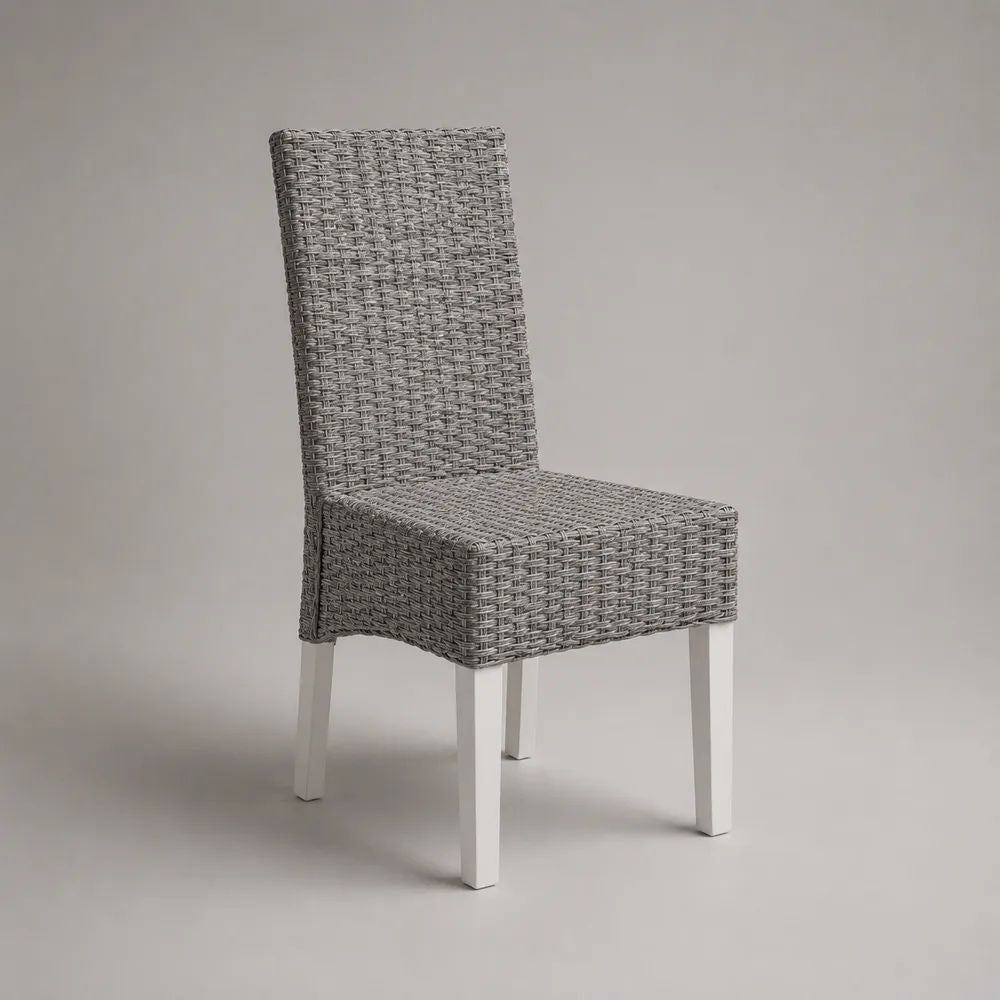 Sedia da pranzo in polyrattan PE grigio con telaio in acciaio bianco, 46 x 56 x 96 cm