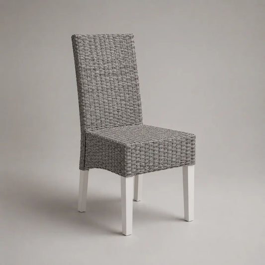 Sedia da pranzo in polyrattan PE grigio con telaio in acciaio bianco, 46 x 56 x 96 cm