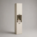 Colonna bagno rettangolare in MDF e truciolare melaminico bianco crema con maniglie nere, 2 ante e vano aperto, 30 x 30 x 180 cm