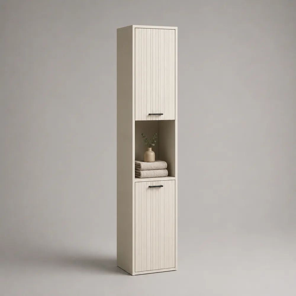 Colonna bagno rettangolare in MDF e truciolare melaminico bianco crema con maniglie nere, 2 ante e vano aperto, 30 x 30 x 180 cm