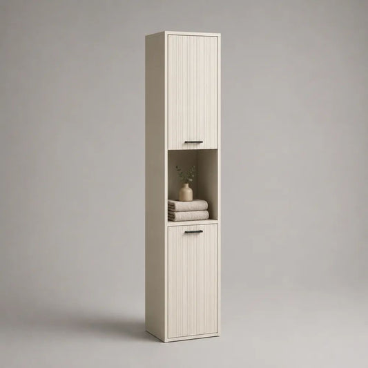 Colonna bagno rettangolare in MDF e truciolare melaminico bianco crema con maniglie nere, 2 ante e vano aperto, 30 x 30 x 180 cm