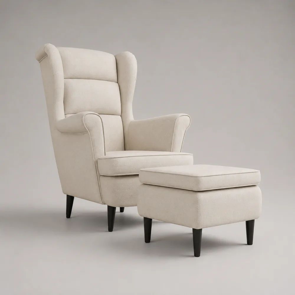 Poltrona bergère crema in tessuto con schienale alto e poggiapiedi, set 2 pezzi, poltrona 78 × 82 × 106 cm