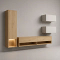 Parete attrezzata TV sospesa rettangolare, set 4 pezzi in legno, rovere naturale e bianco opaco, 285 x 35 x 180 cm, con illuminazione LED