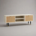 Mobile porta TV rettangolare in MDF e rattan, bianco, naturale, nero e oro, 140 x 40 x 60 cm