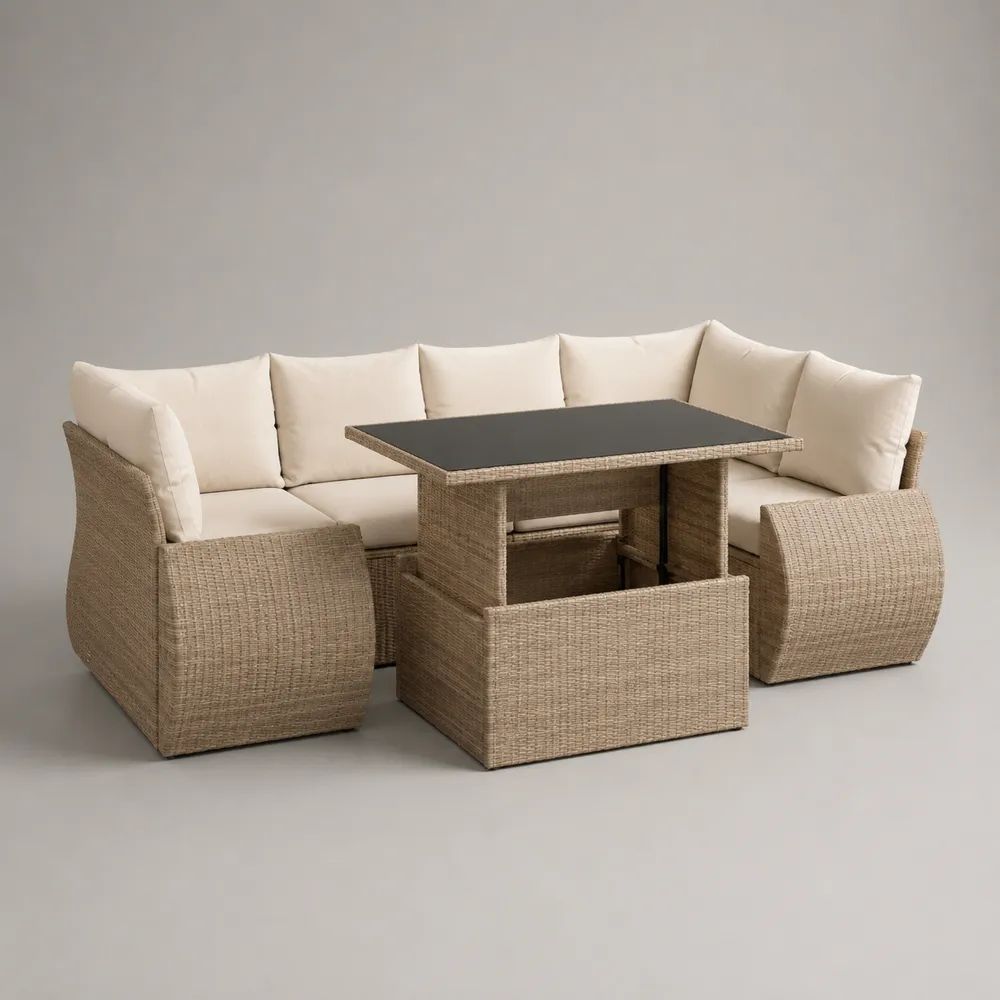 Set salotto da giardino per esterni 5 pezzi con divano angolare a U, tavolo da pranzo e 3 pouf in polyrattan beige, cuscini crema, 230 x 170 x 73 cm