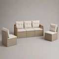 Set salotto da giardino per esterno a 5 posti in rattan PE, metallo e legno massello beige con cuscini crema, divano 184 x 68 x 82 cm e 2 poltrone 60 x 68 x 82 cm