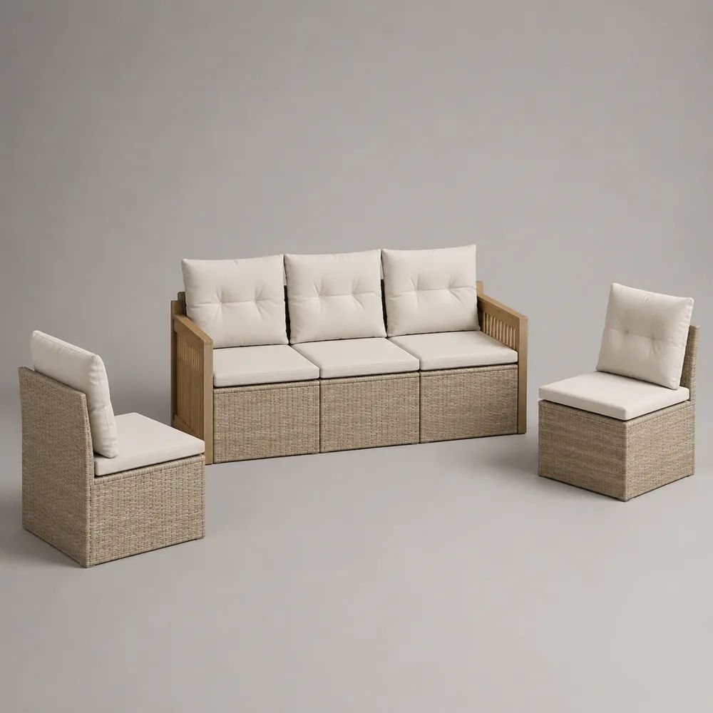 Set salotto da giardino per esterno a 5 posti in rattan PE, metallo e legno massello beige con cuscini crema, divano 184 x 68 x 82 cm e 2 poltrone 60 x 68 x 82 cm