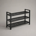 Scarpiera rettangolare in bambù massello nero con 3 ripiani, 70 × 26 × 55 cm