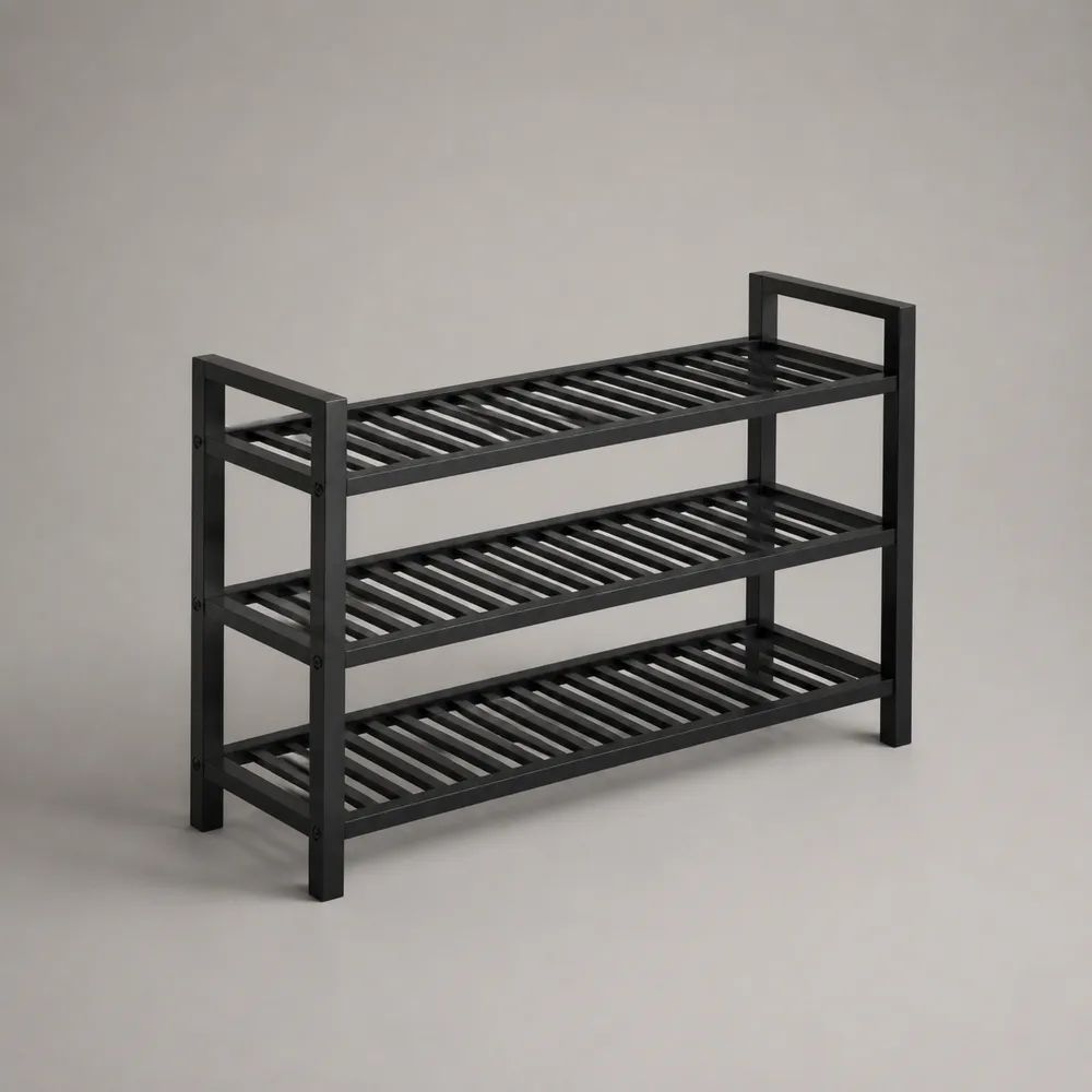 Scarpiera rettangolare in bambù massello nero con 3 ripiani, 70 × 26 × 55 cm