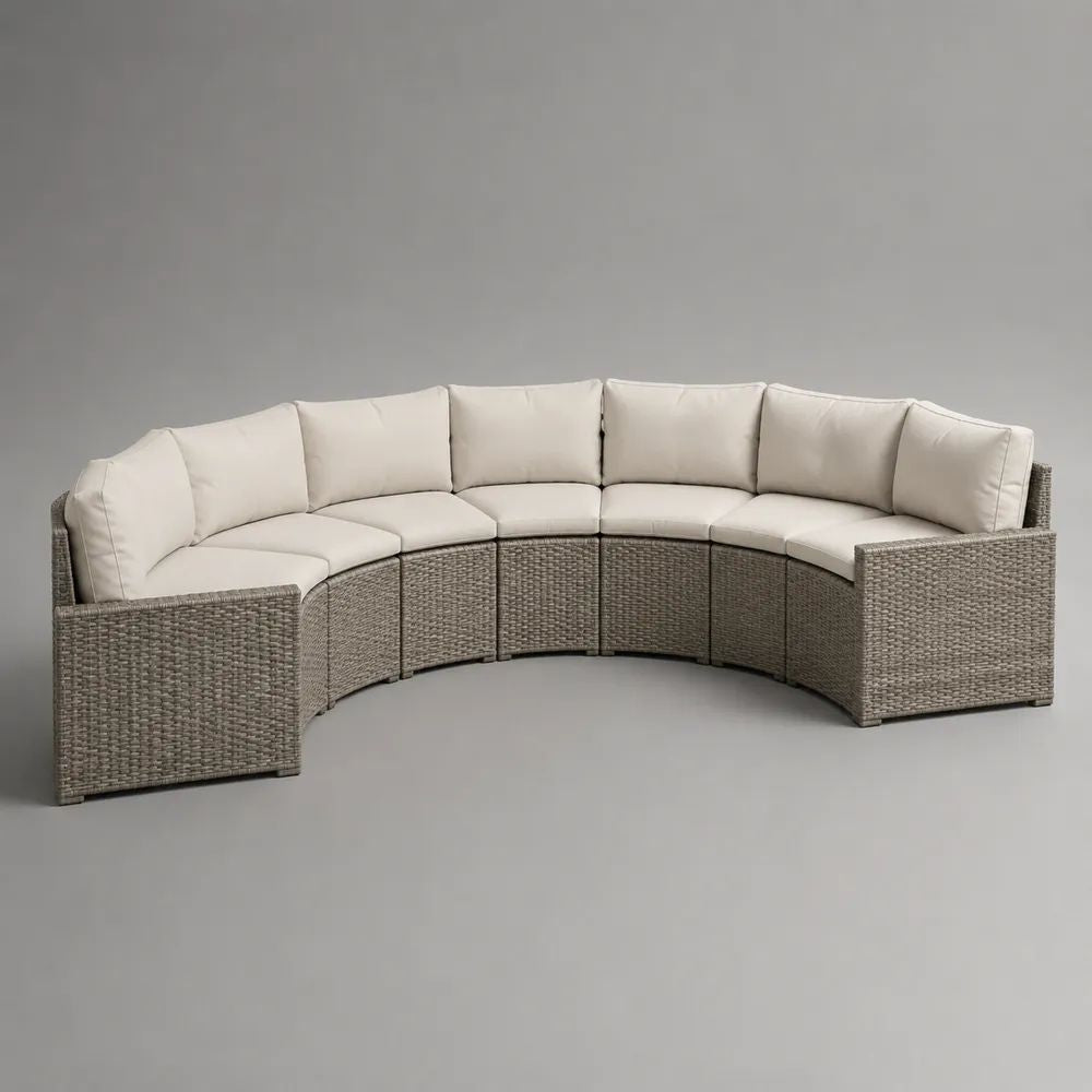 Divano modulare curvo da giardino a 7 posti in rattan PE grigio con cuscini beige, 320 × 160 × 78 cm