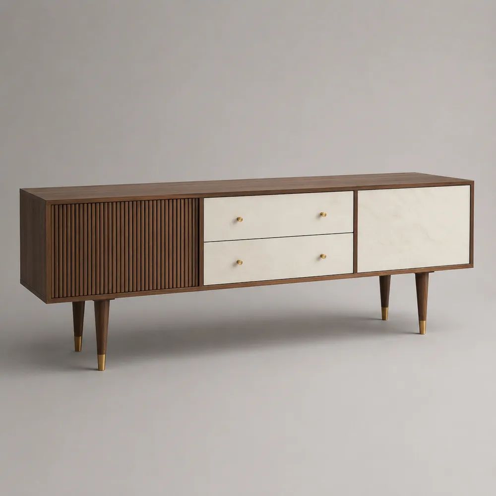 Mobile porta TV rettangolare in legno e MDF con 3 ante e 2 cassetti, marrone noce e bianco marmorizzato, 180 x 40 x 75 cm