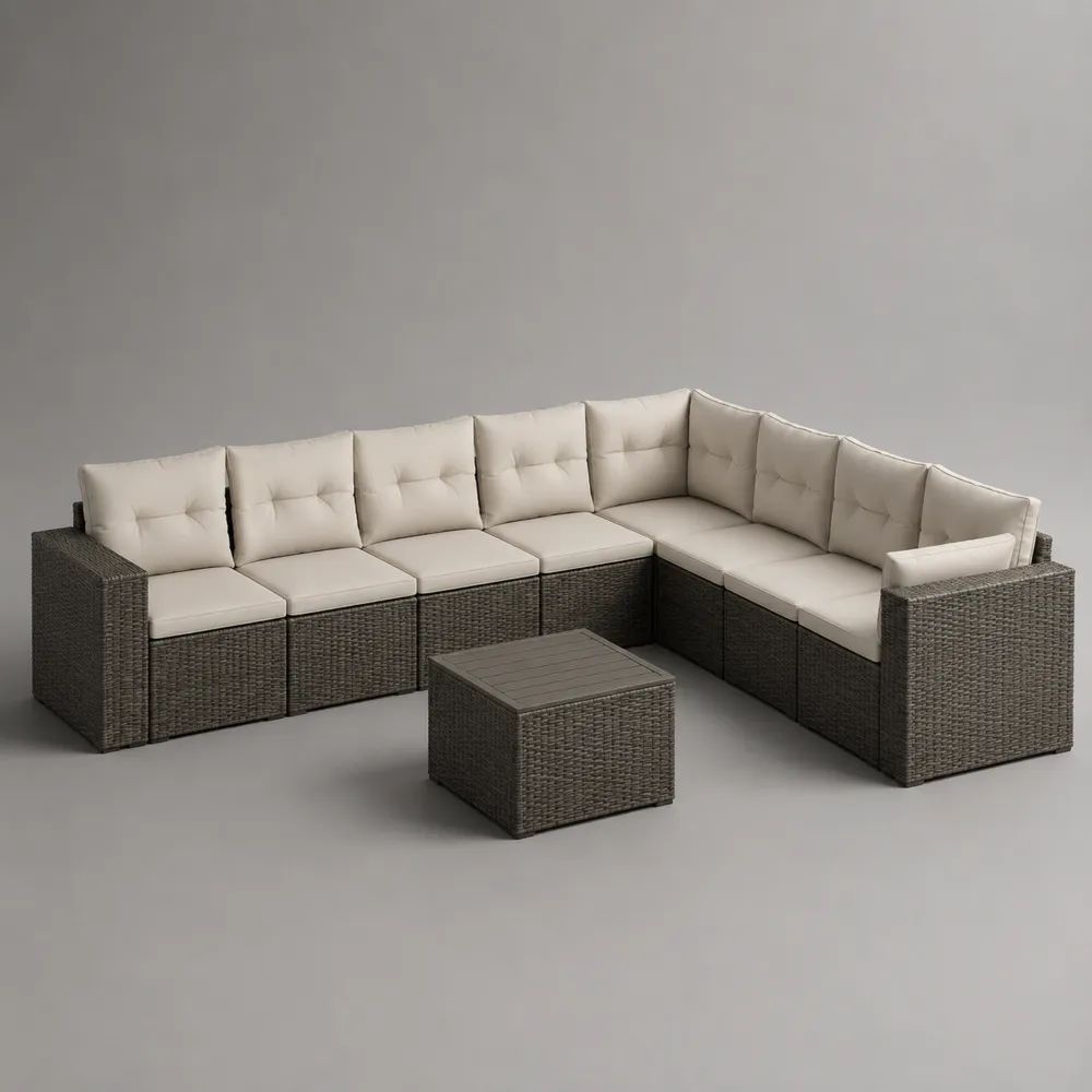 Salotto da giardino angolare modulare a 7 posti, 8 pezzi in rattan PE grigio antracite con cuscini beige, 282 × 216 × 65 cm