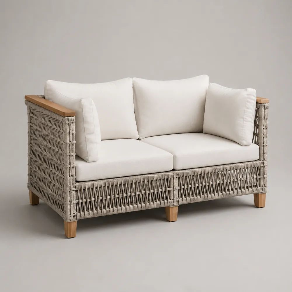 Divano da giardino per esterni a 2 posti in corda PP, alluminio e legno con 6 cuscini, bianco crema, beige grigiastro e marrone naturale, 150 x 80 x 78 cm