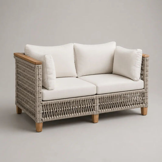 Divano da giardino per esterni a 2 posti in corda PP, alluminio e legno con 6 cuscini, bianco crema, beige grigiastro e marrone naturale, 150 x 80 x 78 cm