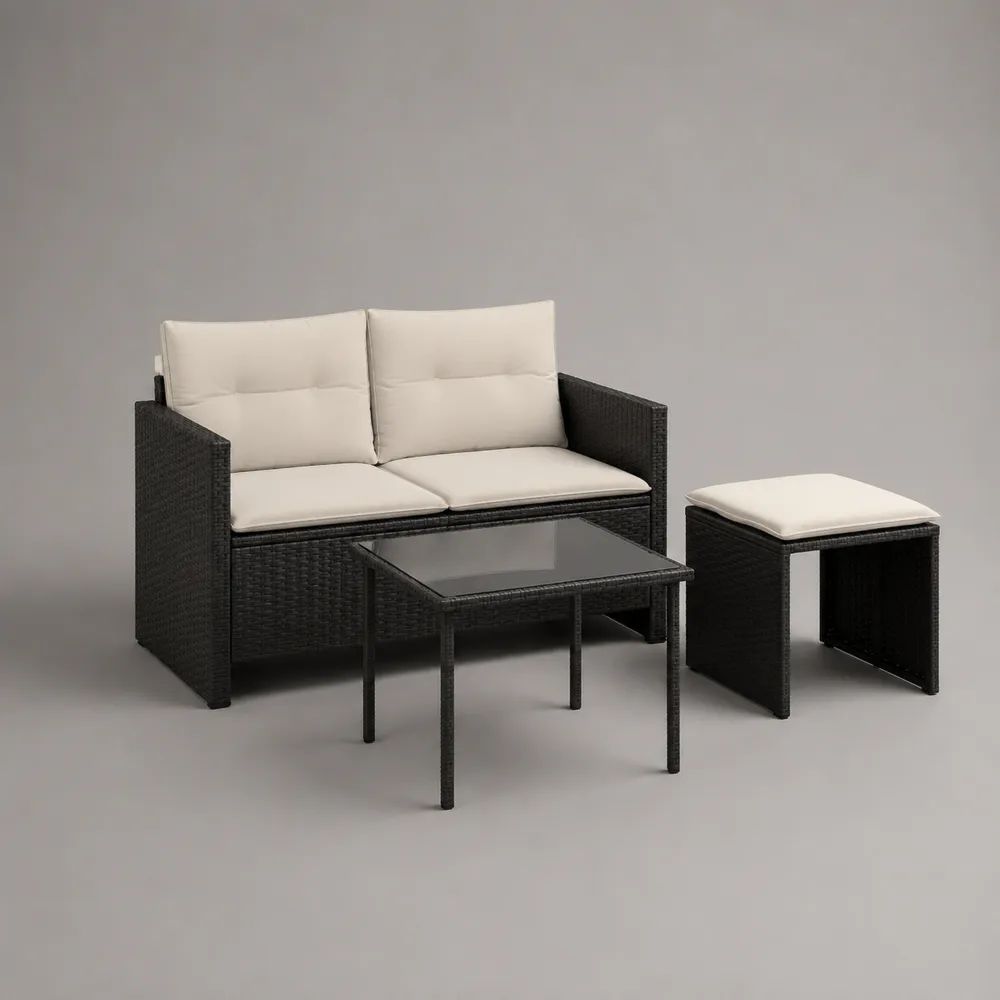 Set mobili da giardino 3 pezzi in polyrattan nero e crema con divano 2 posti 117 x 64 x 80 cm, tavolino 80 x 50 x 52 cm e sgabello 40 x 40 x 42 cm