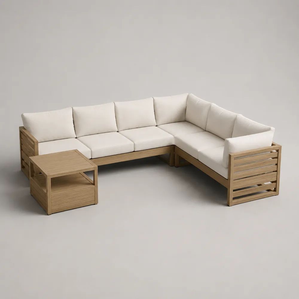 Set da giardino angolare a 5 posti in legno e tessuto Beige/Naturale, divano 238 x 188 x 73 cm e tavolino 65 x 65 x 50 cm, 2 pezzi