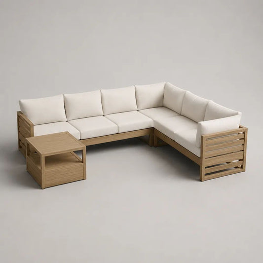 Set da giardino angolare a 5 posti in legno e tessuto Beige/Naturale, divano 238 x 188 x 73 cm e tavolino 65 x 65 x 50 cm, 2 pezzi