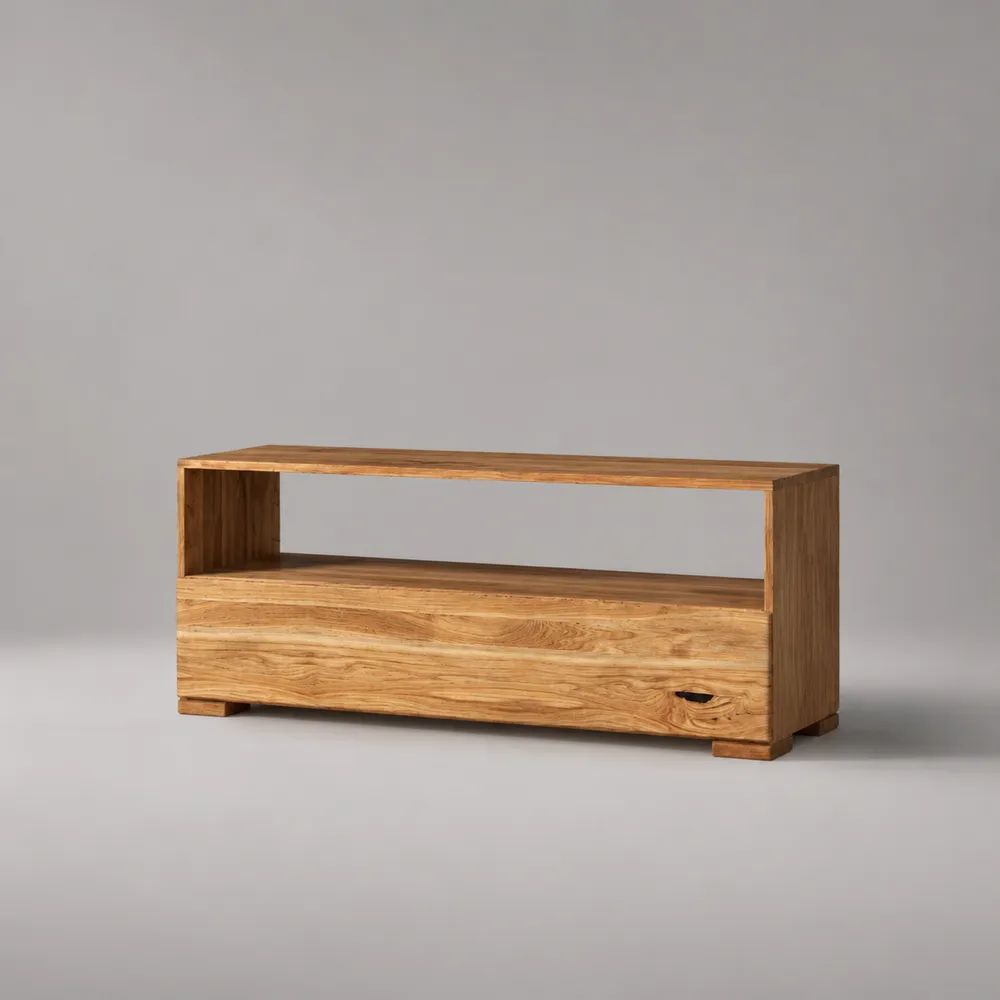 Mobile TV rettangolare in legno massello marrone naturale con cassetto e vano aperto, 120 × 40 × 55 cm