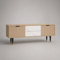 Mobile TV in legno e acciaio con 2 ante scanalate e 2 cassetti, rovere naturale e bianco, 160 × 40 × 75 cm