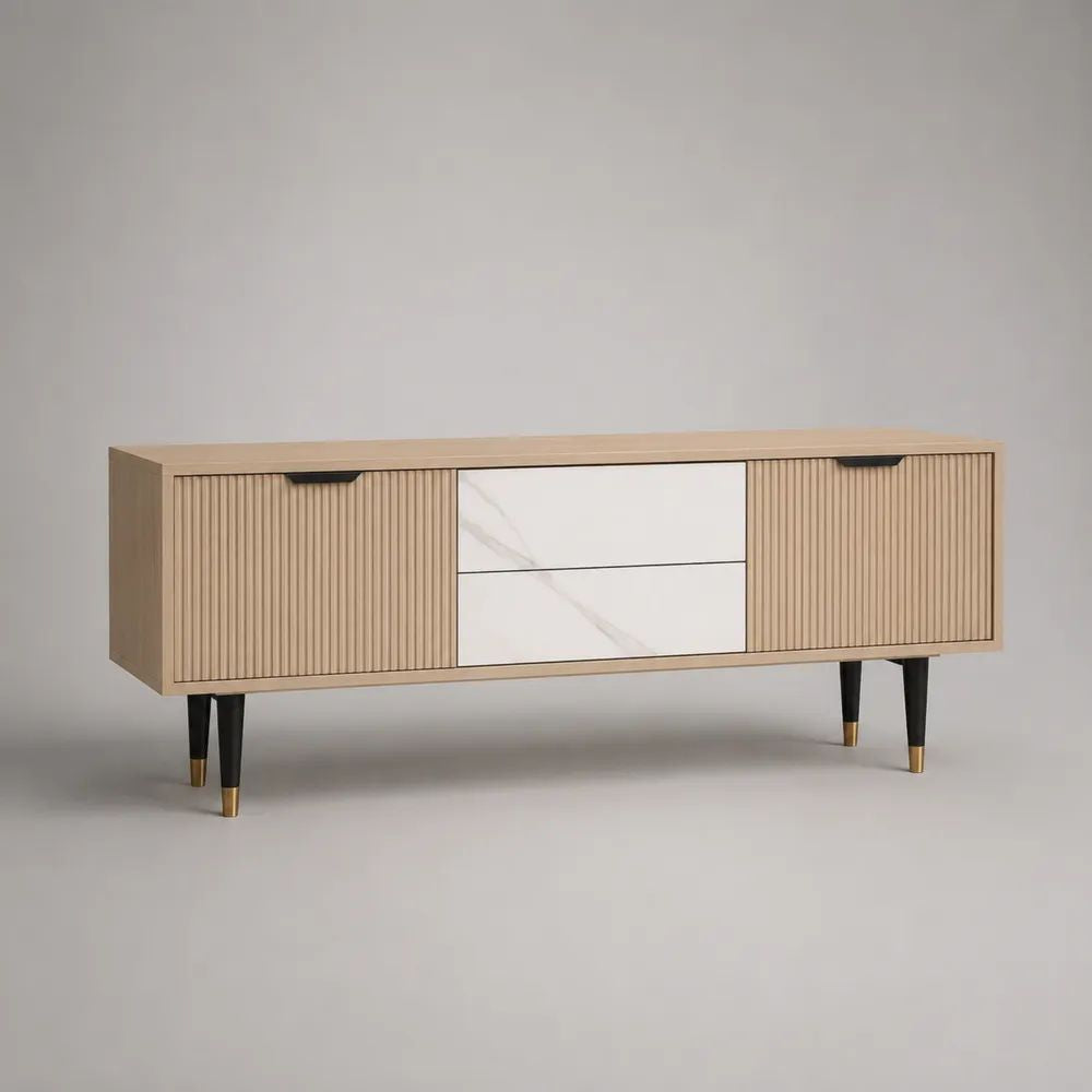 Mobile TV in legno e acciaio con 2 ante scanalate e 2 cassetti, rovere naturale e bianco, 160 × 40 × 75 cm