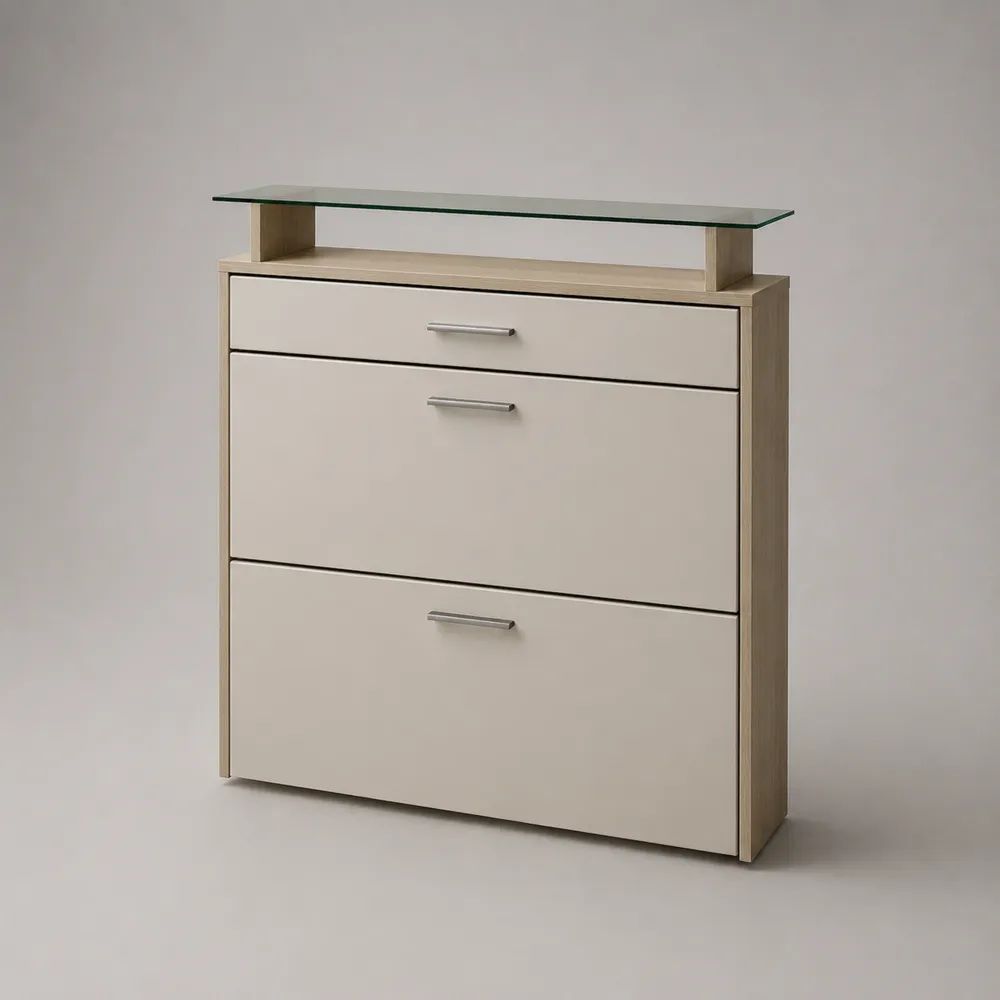 Scarpiera salvaspazio beige con 2 ante a ribalta, cassetto e piano in vetro, 100 x 25 x 105 cm